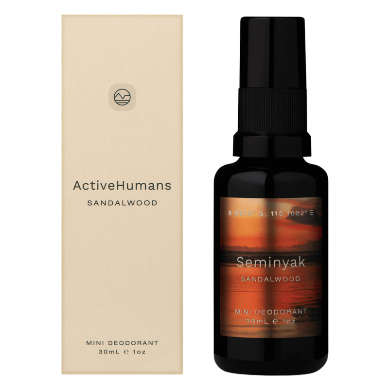 Box and Bottle of ActiveHumans NaturalDeodorant Sandalwood 30ml