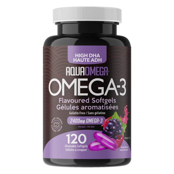 Bottle of AquaOmega HighDHAOmega-3 GrapeFlavoured 120ChewableSoftgels