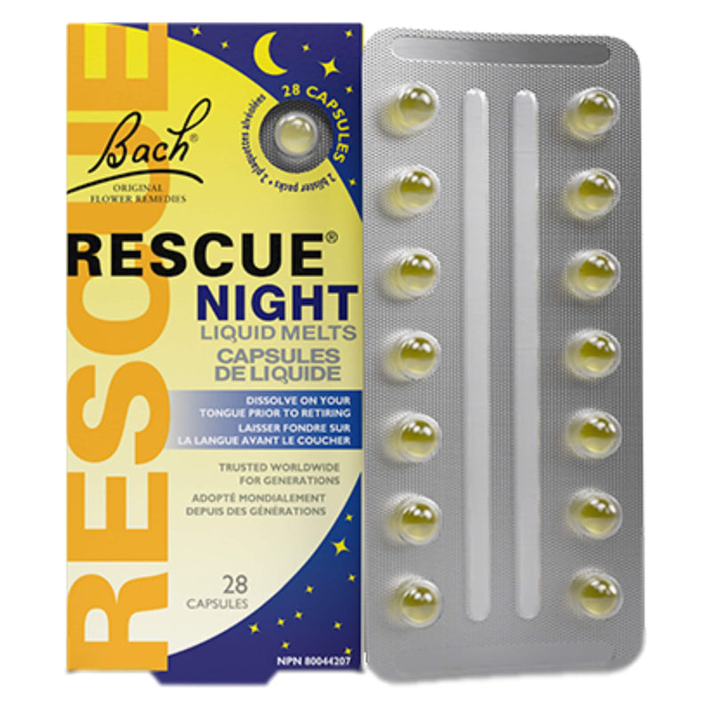 Box&Bottle of Bach RescueRemedyNightLiquidMelts 28Softgels