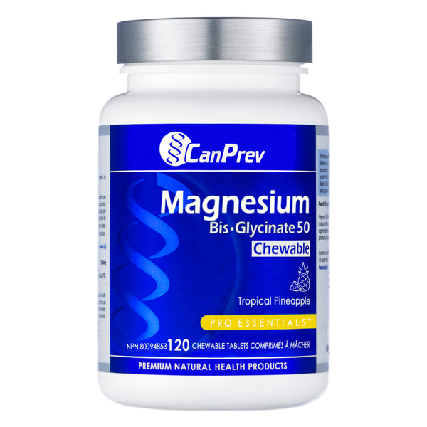 Bottle of CanPrev Magnesium Bis-Glycinate Tropical Pineapple 120 Chewable Tablets