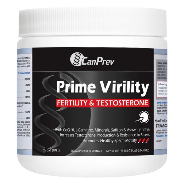 Bottle of CanPrev Prime Virility Fertility & Testosterone Dragon-Fruit Lemonade 25 Day Supply 150 Grams
