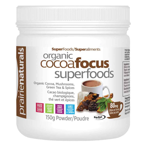 PrairieNaturals OrganicCocoaFocusSuperfoods 80mgCaffeinePerServing 150Powder 