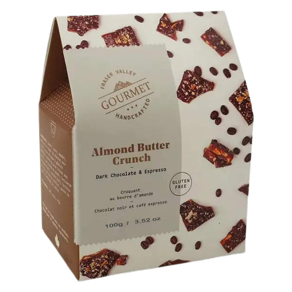 Package of FraserValleyGourmet AlmondButterCrunch EspressInfusedDarkChocolate 100g
