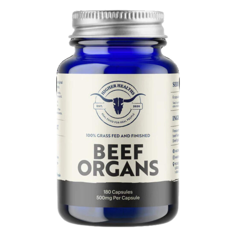 Bottle of Higher Healths Beef Organs - 100% Grass-Fed, Grass-Finished 180Capsules
