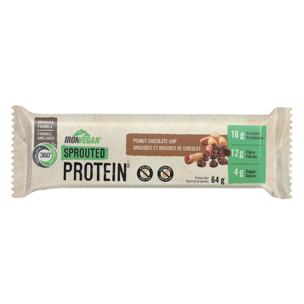 Package of Iron Vegan Sprouted Protein Peanut Chocolate Chip 1Bar 64g