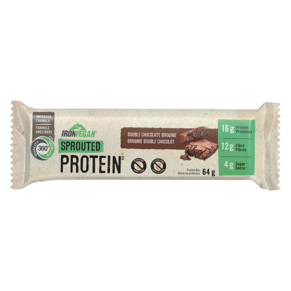 Package of Iron Vegan Sprouted Protein Double Chocolate Brownie 1Bar 64g