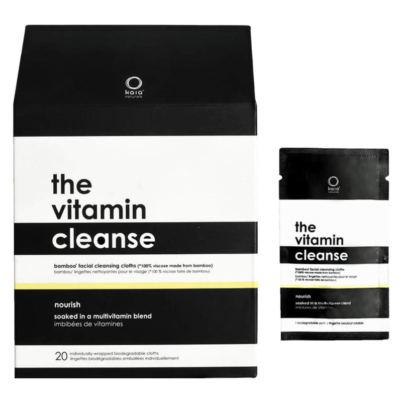 Box & Packet of Kaia Naturals The Vitamin Cleanse | Bamboo Facial Cleansing Cloths (Individually Wrapped) 20
