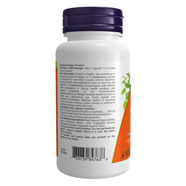 Bottle Back of NOW Passion Flower Extract 350 mg 90Capsules
