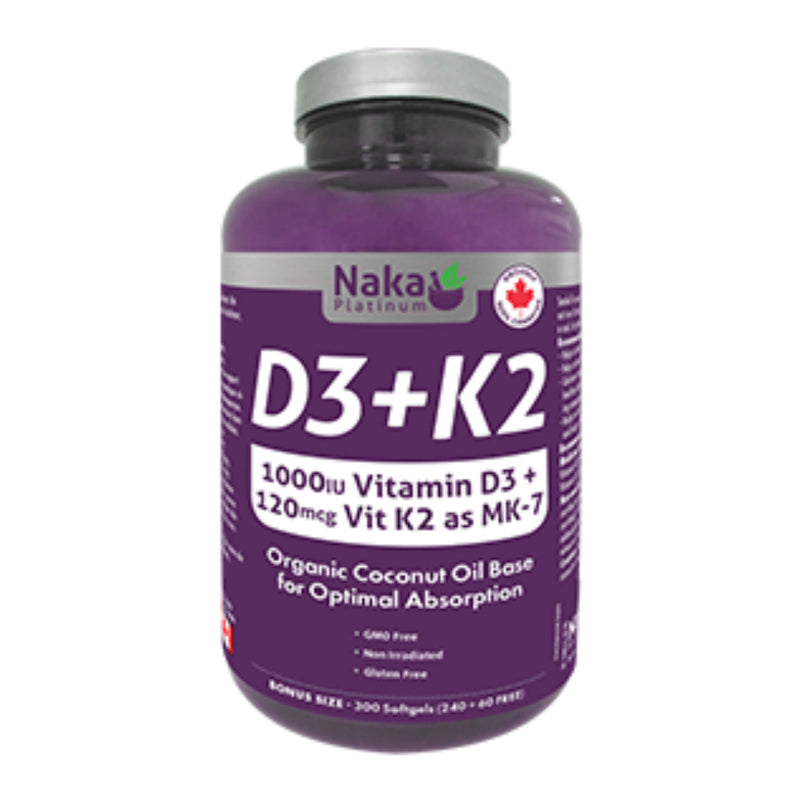 Bottle of Naka D3+K2 1000IU VitaminD3 + 120mcg VitK2 as MK-7 300 Softgels