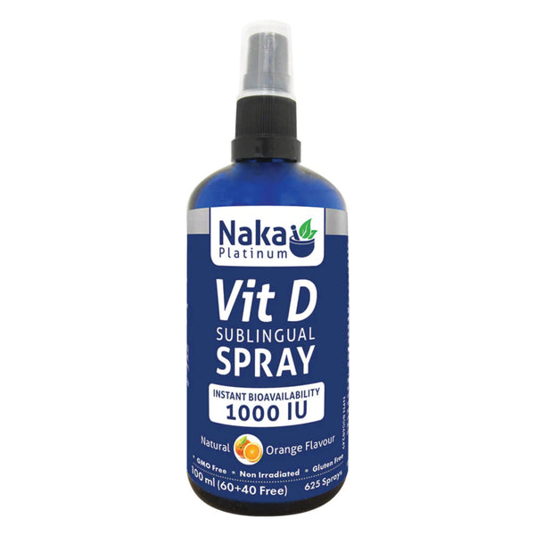 SprayBottle of NakaPlatinum VitaminD SublingualSpray 1000IU OrangeFlavour 625Sprays 100ml 
