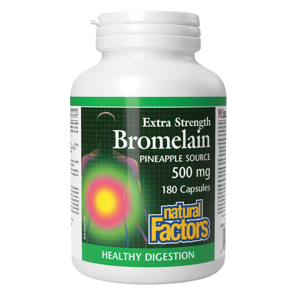 Bottle of Natural Factors Bromelain Extra Strength - Pineapple  Source 500 mg 180 Vegetarian Capsules
