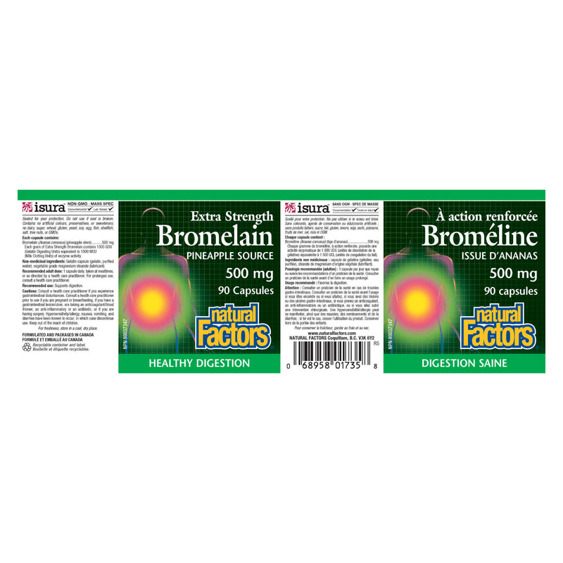 Natural Factors Bromelain Extra Strength - Pineapple  Source 500 mg 90 Vegetarian Capsules Label
