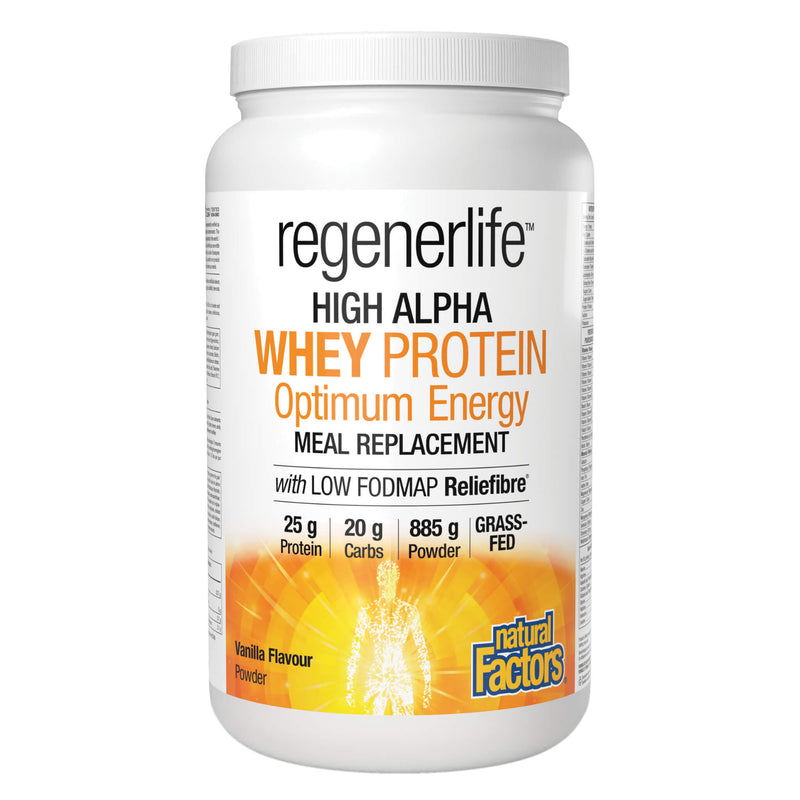 Tub of Natural Factors Regenerlife High Alpha Whey Protein Optimum Energy Meal Replacement 25gProtein Vanilla Flavour 885g Powder