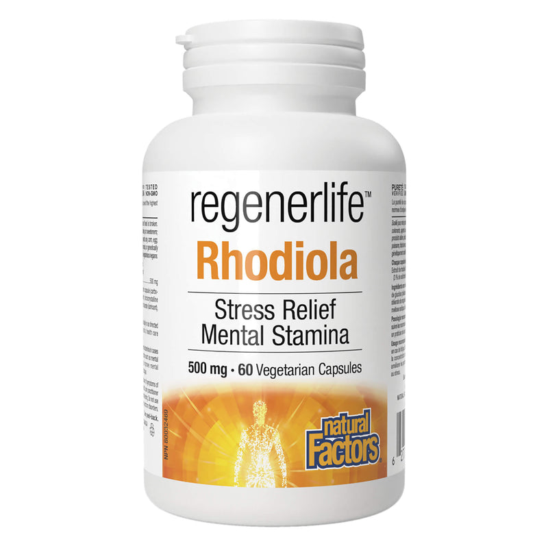 Bottle of NaturalFactorsRegenerlife Rhodiola 500mg 60VegetarianCapsules