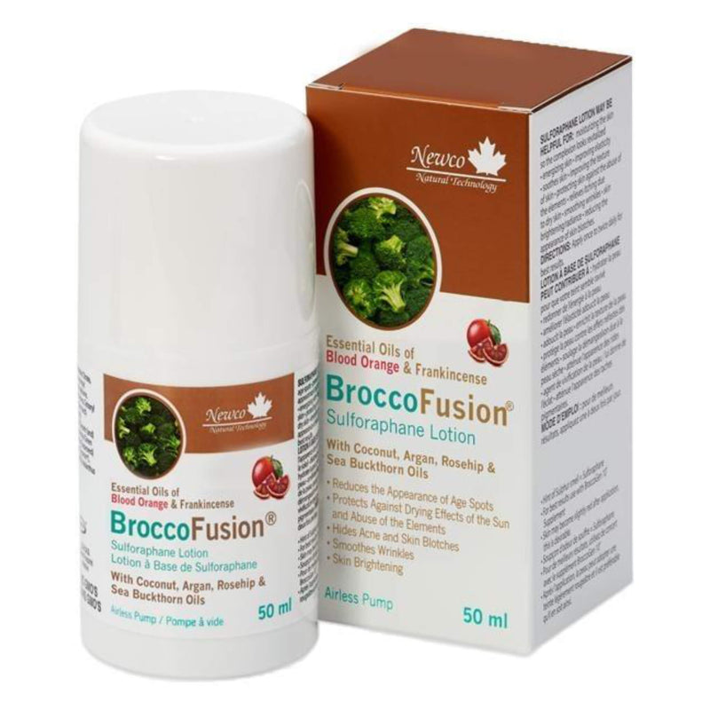 Bottle and Box of NewCo BroccoFusion SulforaphaneLotion BloodOrange&Frankincense 50ml