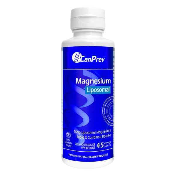 Bottle of CanPrev Liposomal Magnesium Nutty Chocolate Caramel 75mg 45 Servings 225ml