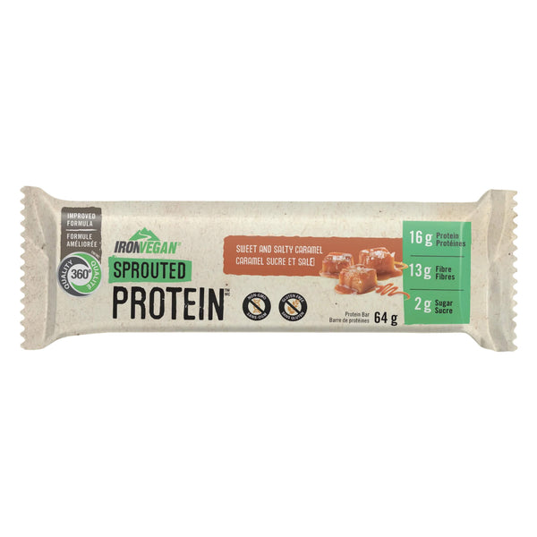 Package of Iron Vegan Sprouted Protein Bar Sweet And Salty Caramel 1Bar 64g