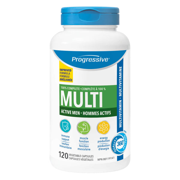 Bottle of Progressive Multi For Active Men New Reformulated 120 Vegetable Capsules