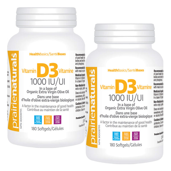 Prairie Naturals D3 1000IU 180 + 180 Softgels Duo-Pack (2 Bottles)