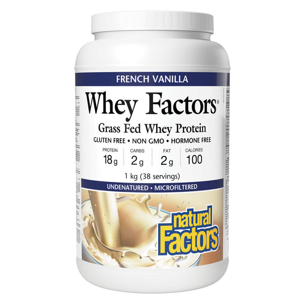 Tub of Natural Factors Whey Factors Grass Fed Whey Protein FrenchVanilla 1Kg