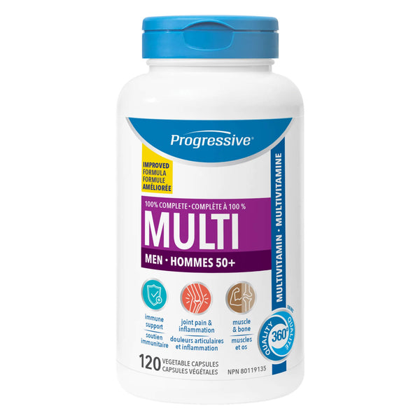 Bottle of Progressive Multi For Men 50+ New Reformulated 120 Vegetable Capsules