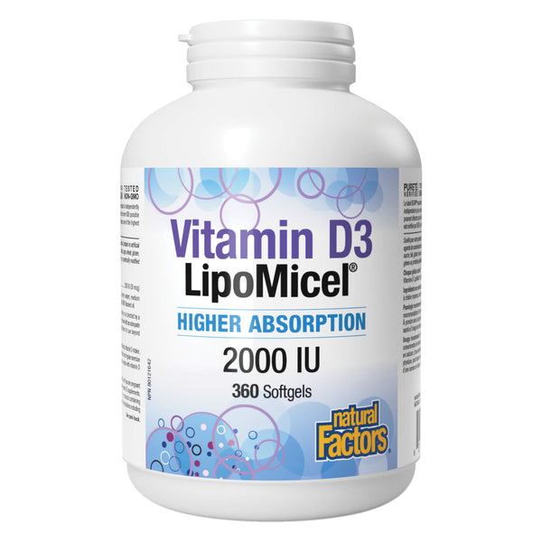 Bottle of NaturalFactors LipomicelVitaminD 2000IU 360Softgels