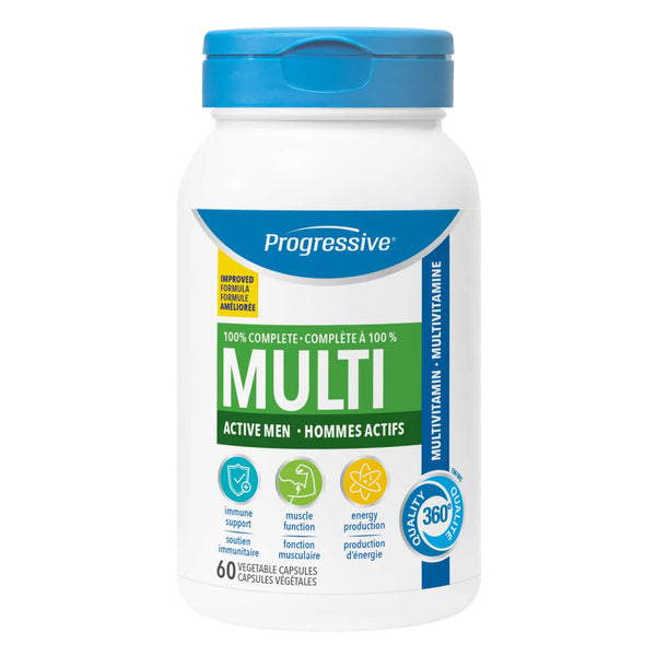 Bottle of Progressive Multi For Active Men New Reformulated 60 Vegetable Capsules