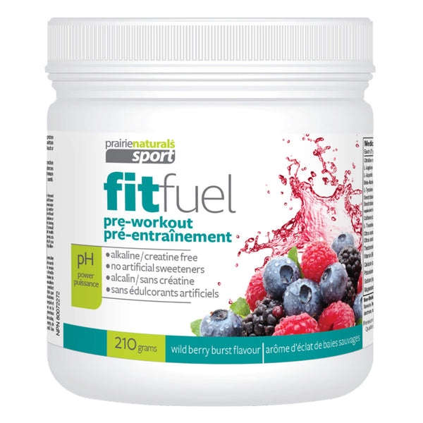 Tub of Prairie Naturals FitFuel Pre-Workout Wild Berry Burst Flavour 210g