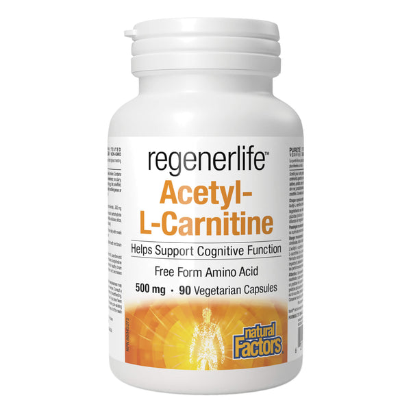 Bottle of Natural Factors Regenerlife Acetyl-L-Carnitine 500mg 90 Vegetarian Capsules