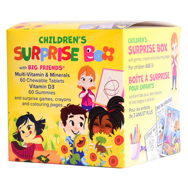 Big Friends Children's Fun Box Multi-Vitamin & Mineral 60 Chewable Tablets, Vitamin D3 60 Gummies, Surprise Games, Crayons & Colouring Pages