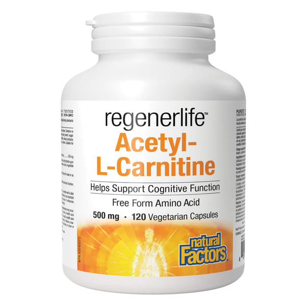 Bottle of NaturalFactors Regenerlife Acetyl-L-Carnitine 500mg 120VegetarianCapsules