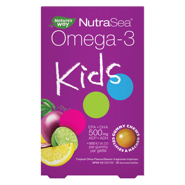 Box of Nature's Way Nutra Sea Omega-3Kids 500mg EPA+DHA Tropical Citrus Flavour 30 Gummies