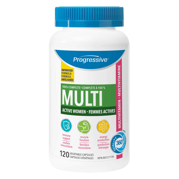 Bottle of Progressive Multi For Active Women New Reformulated 120 Vegetable Capsules