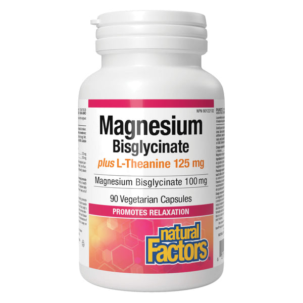 Bottle of Natural Factors Magnesium Bisglycinate 100mg Plus L-Theanine 125mg 90 Vegetarian Capsules