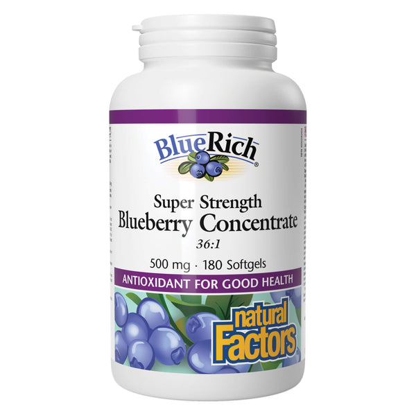 Bottle of Natural Factors BlueRich Super Strength Blueberry Concentrate 500 mg 180 Softgels