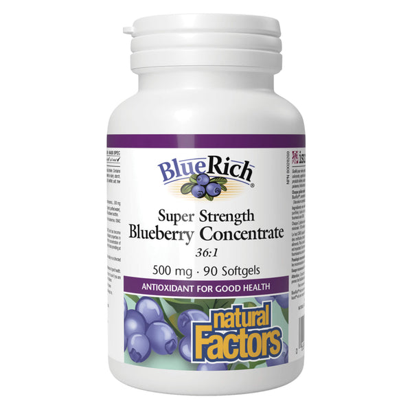 Bottle of Natural Factors BlueRich Super Strength Blueberry Concentrate 500 mg 90 Softgels