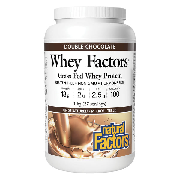 Tub of Natural Factors Whey Factors Grass Fed Whey Protein Double Chocolate 1Kg