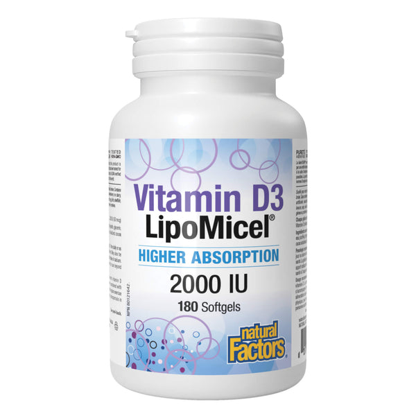 Bottle of Natural Factors Lipomicel Vitamin D 2000IU 180 Softgels