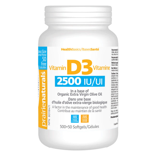 PrairieNaturals D3 2500IU 500+50 Softgels