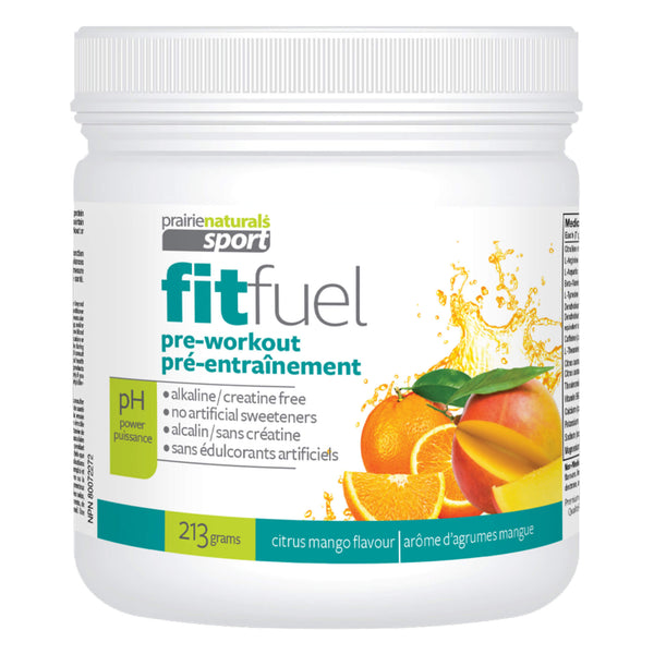 Tub of Prairie Naturals FitFuel Pre-Workout Citrus Mango Flavour 213g