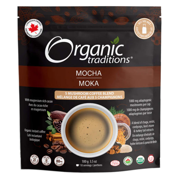 Package of Organic Traditions Mocha 5 Mushroom Coffee Blend 100g/3.5oz 10 Servings