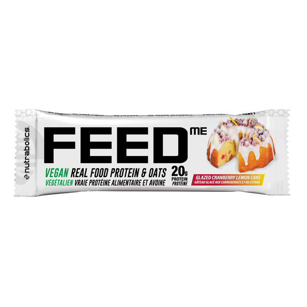 Package of Nutrabolics FeedMe Vegan Real Food Protein & Oats Glazed Cranberry Lemon Cake 20g Protein