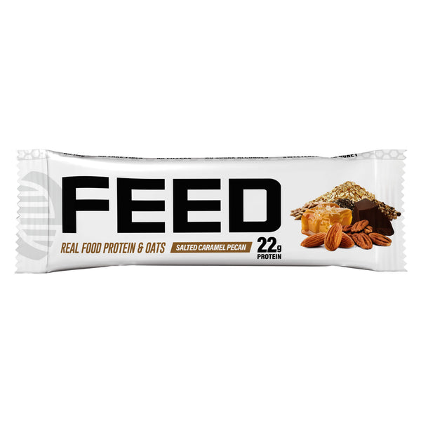 Package of Nutrabolics FeedMe Real Food Protein & Oats Salted Carmel Pecan 22g Protein