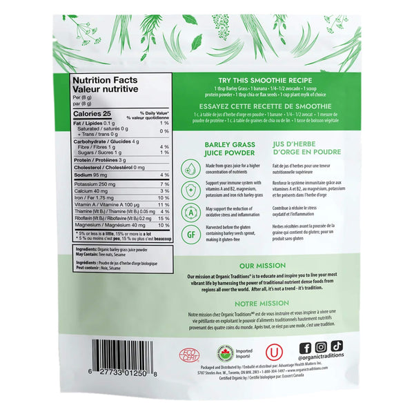 Package Back of Organic Traditions Barley Grass Juice Powder 
