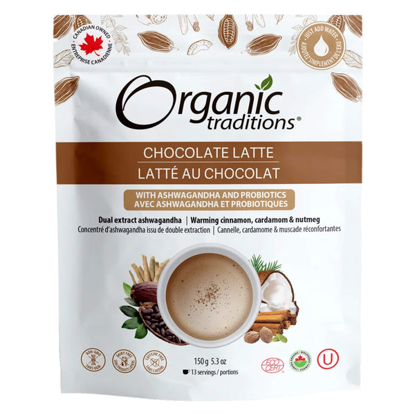 Package of Organic Traditions Chocolate Latte with Ashwagandha and Probiotics 150g
