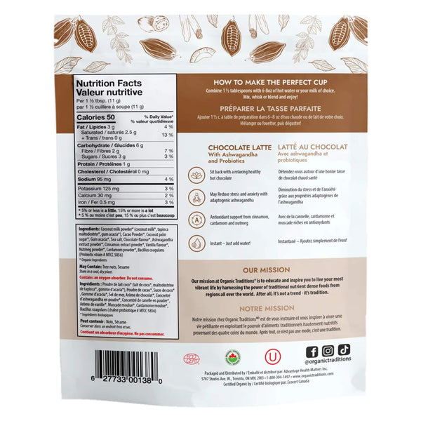 Package Back of Organic Traditions Chocolate Latte with Ashwagandha and Probiotics
