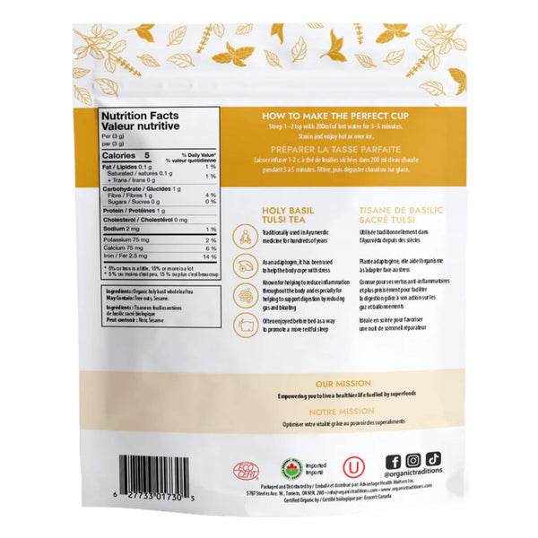 Package Back of Organic Traditions Holy Basil (Tulsi) Tea Cut 
