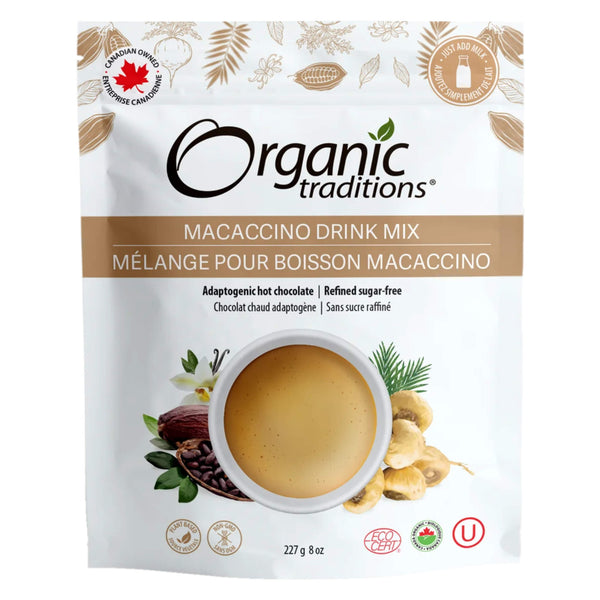 Package of Organic Traditions Macaccino Drink Mix 227g
