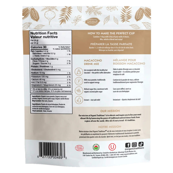 Package Back of Organic Traditions Macaccino Drink Mix
