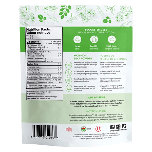 Package Back of Organic Traditions Moringa Leaf Powder 
